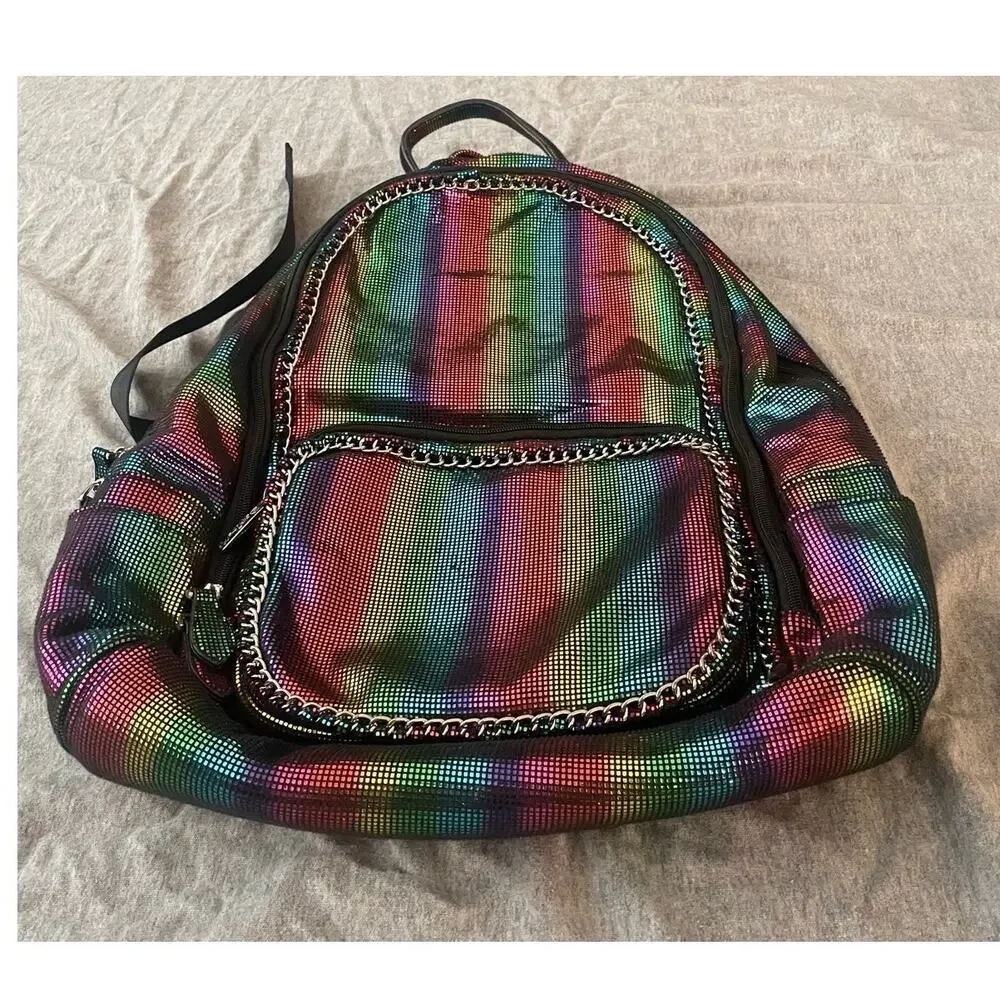 Bari Lynn Black Metallic Rainbow Chain Backpack